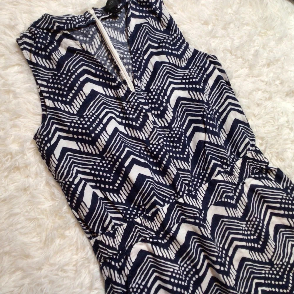 J. Crew Linen Jumpsuit Straight Leg Chevron Geo Zig Zag Blue White 4 Small - Picture 1 of 7